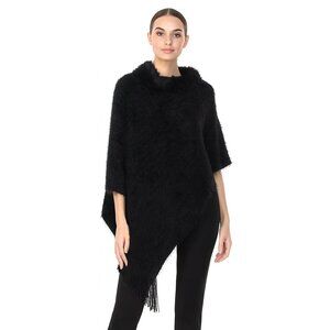 Black Faux Fur Short Poncho Coverup Cape Elegant Fringed NWT